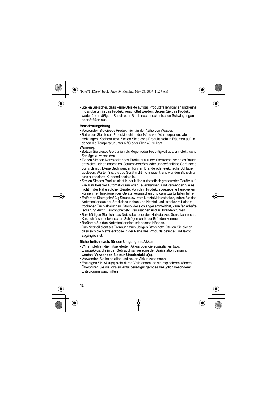 Betriebsumgebung, Sicherheitshinweis für den umgang mit akkus | Panasonic KXTGA721EX User Manual | Page 10 / 80