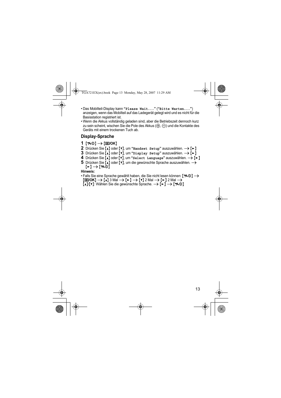 Display-sprache, 1 {ih} i {j/ok, Hinweis | Panasonic KXTGA721EX User Manual | Page 13 / 80