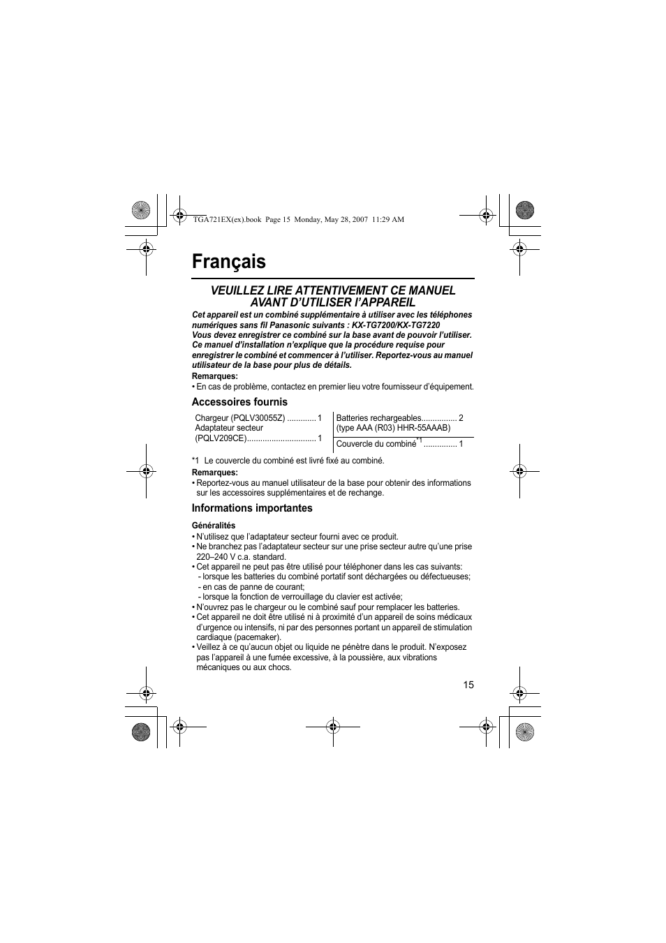 Français, Remarques, Accessoires fournis | Informations importantes, Généralités | Panasonic KXTGA721EX User Manual | Page 15 / 80