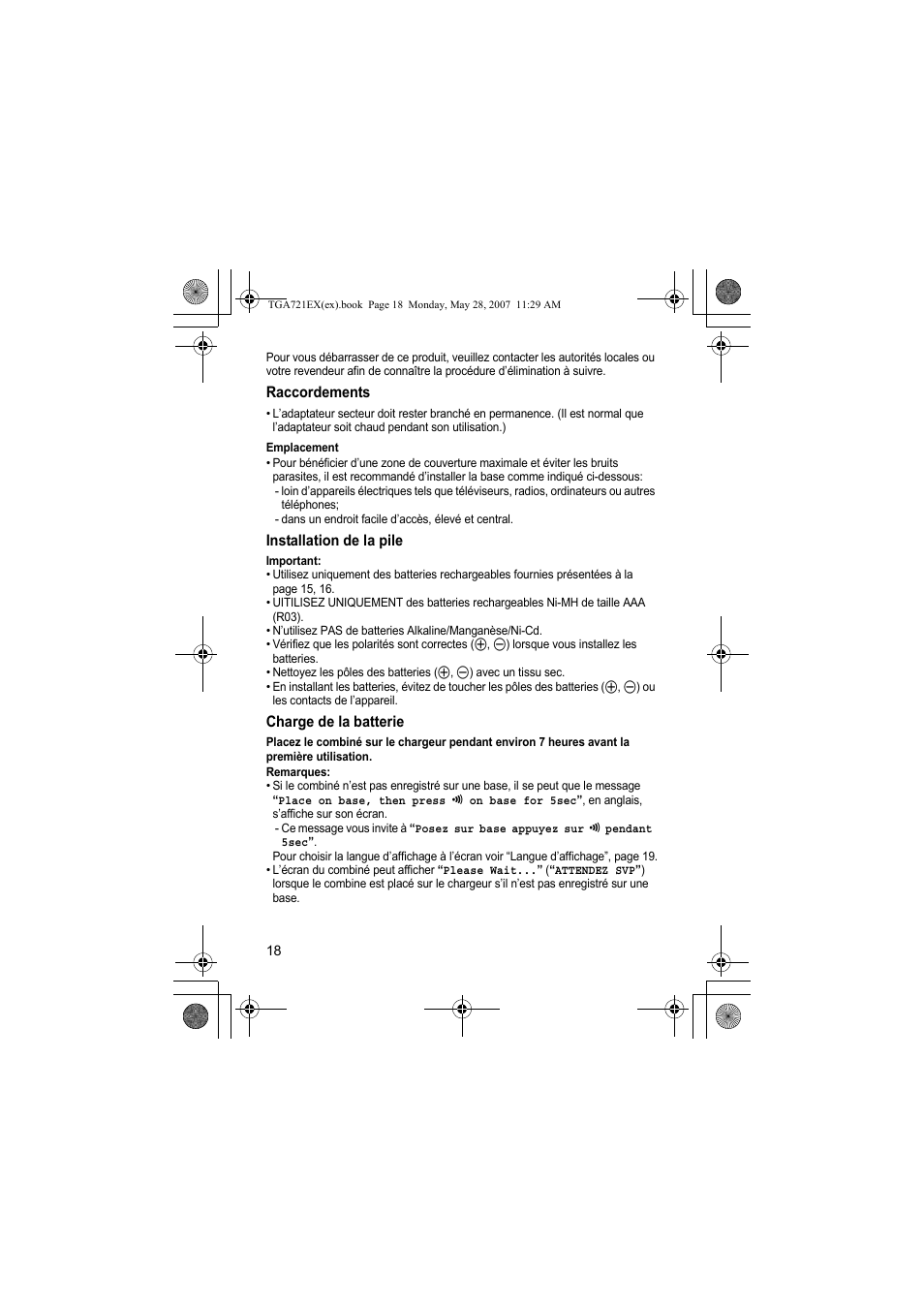 Raccordements, Emplacement, Installation de la pile | Charge de la batterie, Remarques | Panasonic KXTGA721EX User Manual | Page 18 / 80