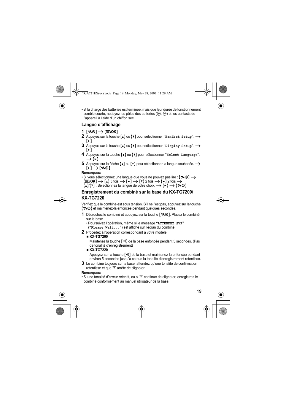 Langue d’affichage, 1 {ih} i {j/ok, Remarques | Panasonic KXTGA721EX User Manual | Page 19 / 80