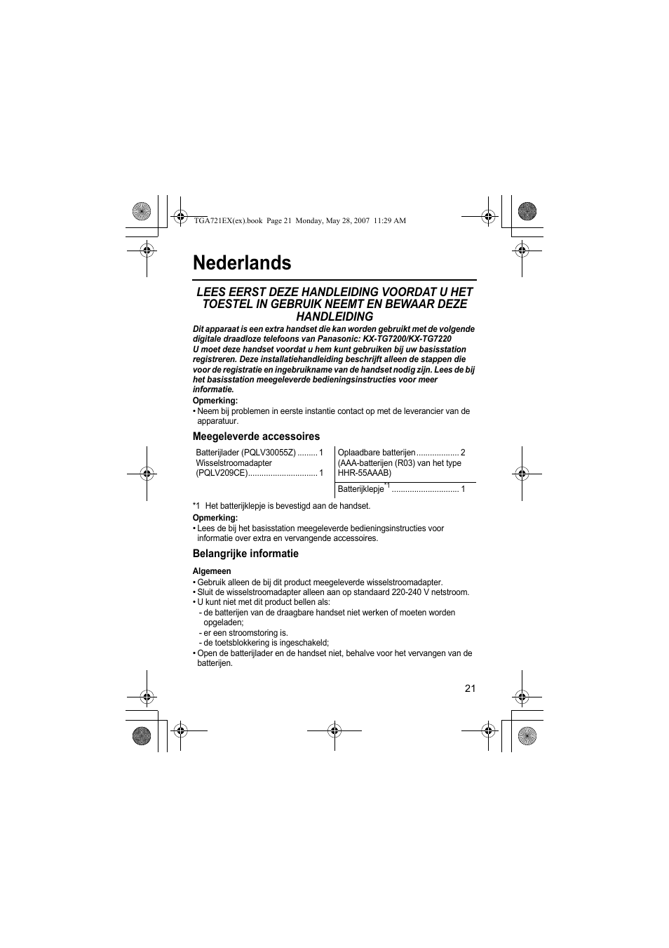 Nederlands, Opmerking, Meegeleverde accessoires | Belangrijke informatie, Algemeen | Panasonic KXTGA721EX User Manual | Page 21 / 80