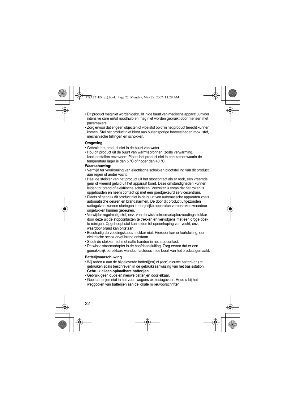 Omgeving, Batterijwaarschuwing | Panasonic KXTGA721EX User Manual | Page 22 / 80