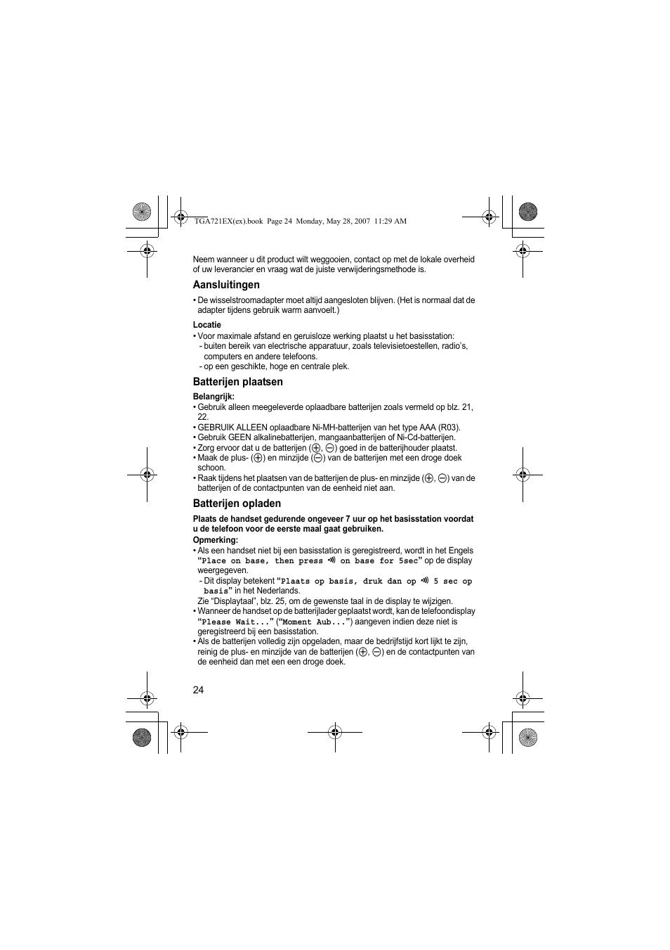 Aansluitingen, Locatie, Batterijen plaatsen | Batterijen opladen, Opmerking | Panasonic KXTGA721EX User Manual | Page 24 / 80