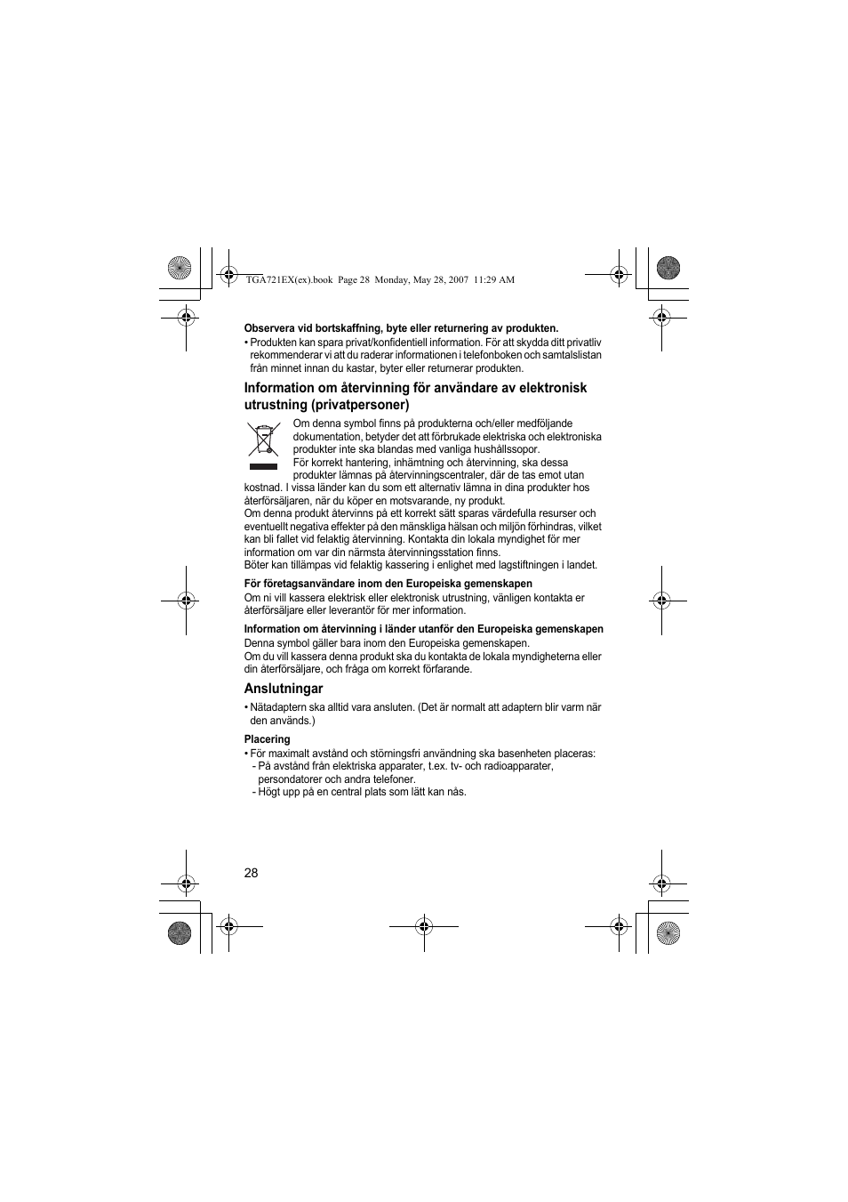 Anslutningar, Placering | Panasonic KXTGA721EX User Manual | Page 28 / 80