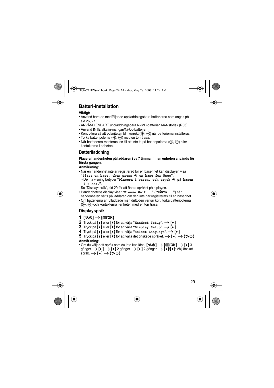 Batteri-installation, Batteriladdning, Anmärkning | Displayspråk, 1 {ih} i {j/ok | Panasonic KXTGA721EX User Manual | Page 29 / 80