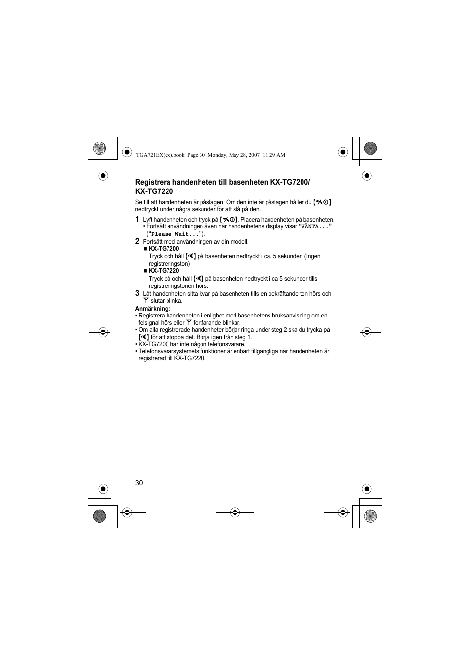 2 fortsätt med användningen av din modell, Anmärkning | Panasonic KXTGA721EX User Manual | Page 30 / 80