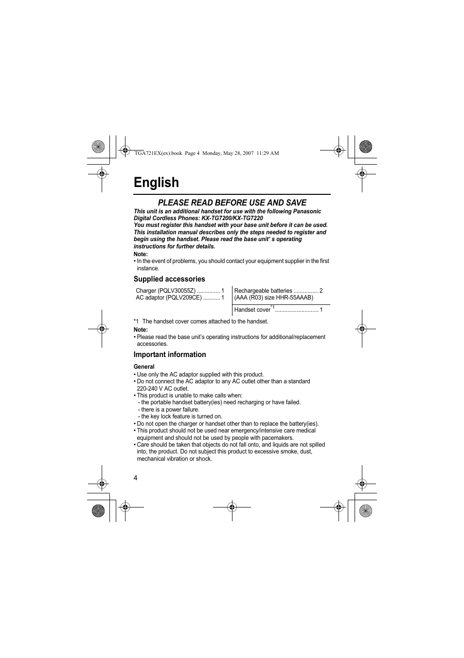 English, Please read before use and save, Note | Supplied accessories, Important information, General | Panasonic KXTGA721EX User Manual | Page 4 / 80