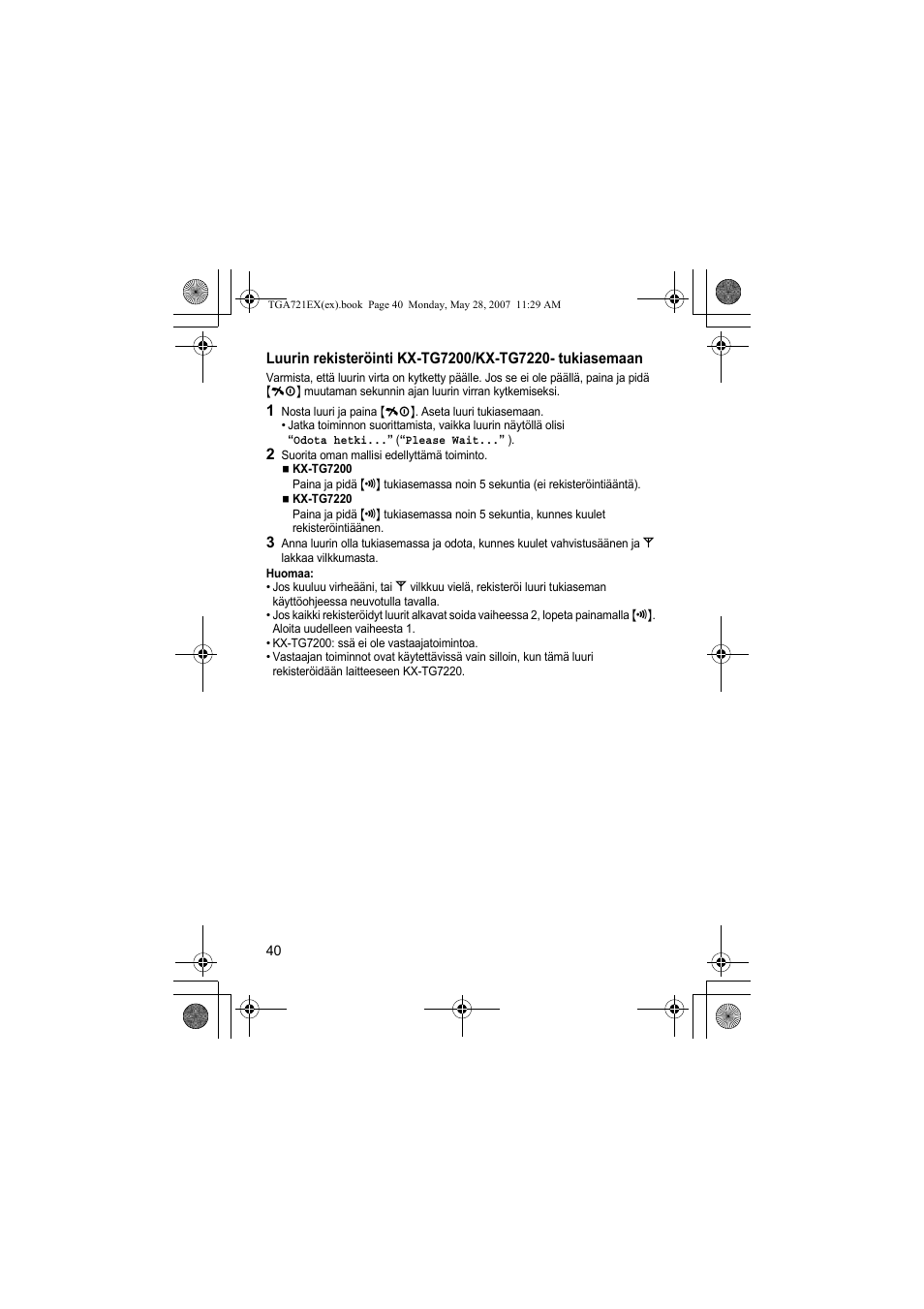 2 suorita oman mallisi edellyttämä toiminto, Huomaa | Panasonic KXTGA721EX User Manual | Page 40 / 80