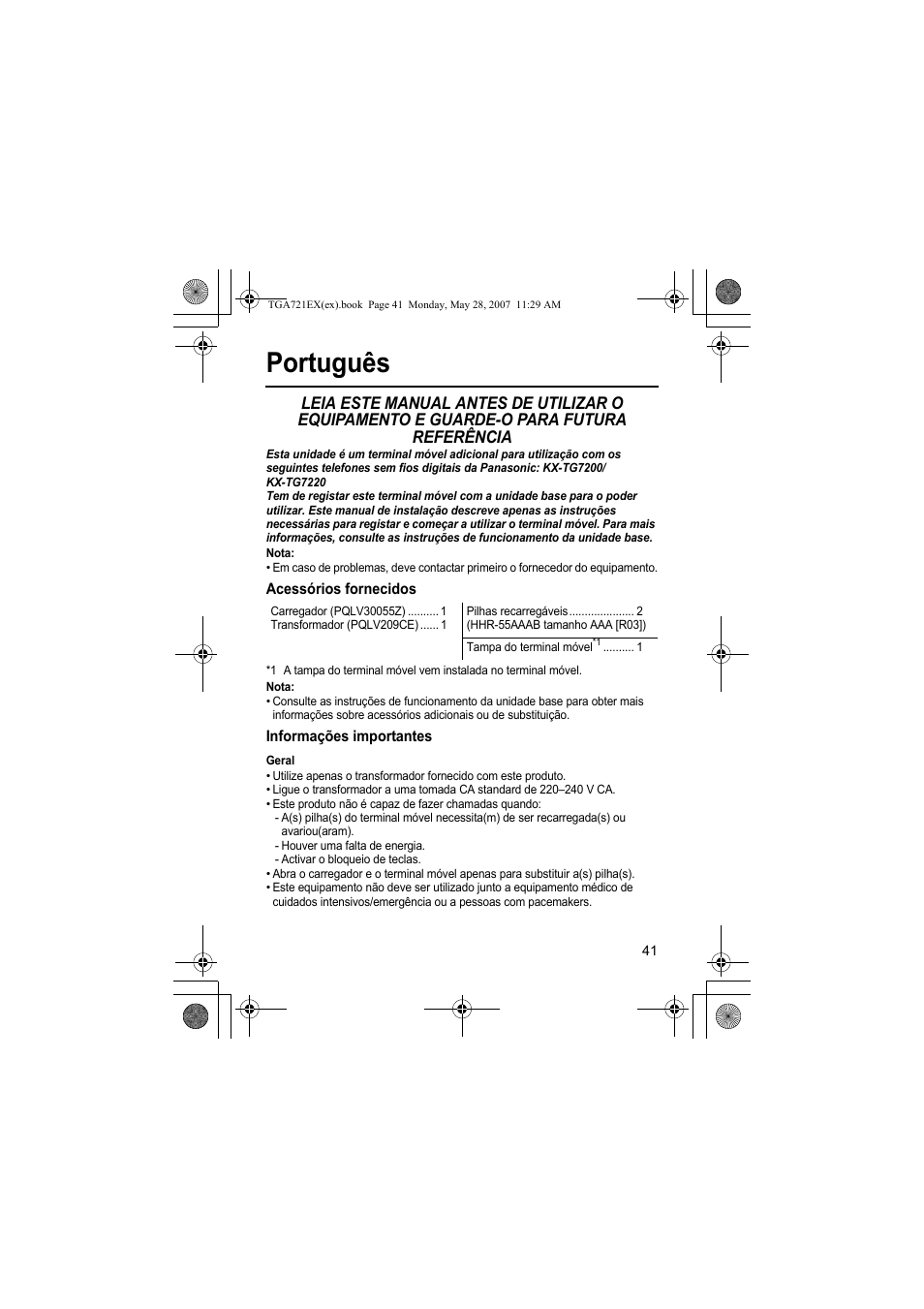 Português, Nota, Acessórios fornecidos | Informações importantes, Geral | Panasonic KXTGA721EX User Manual | Page 41 / 80