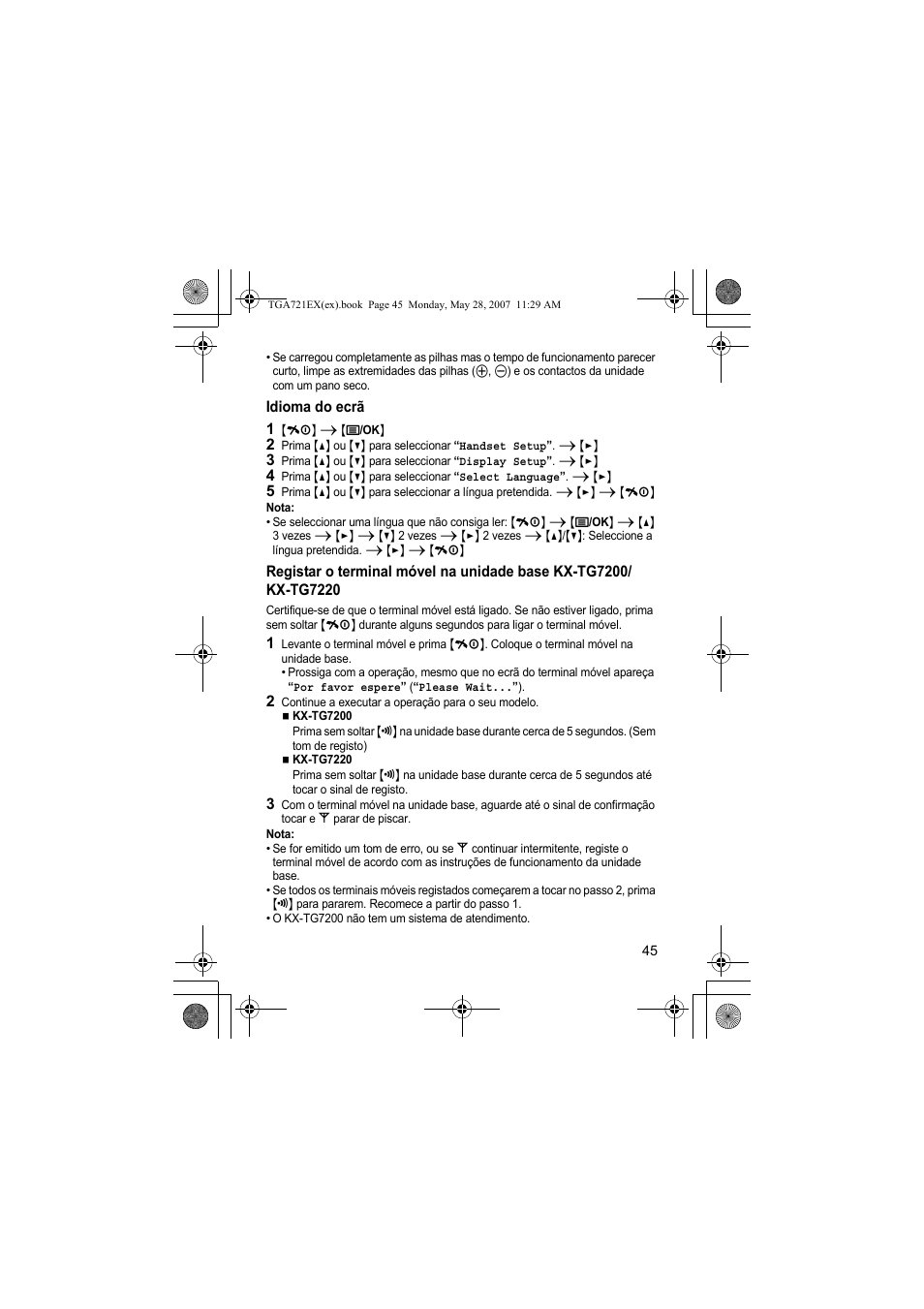 Idioma do ecrã, 1 {ih} i {j/ok, Nota | 2 continue a executar a operação para o seu modelo | Panasonic KXTGA721EX User Manual | Page 45 / 80