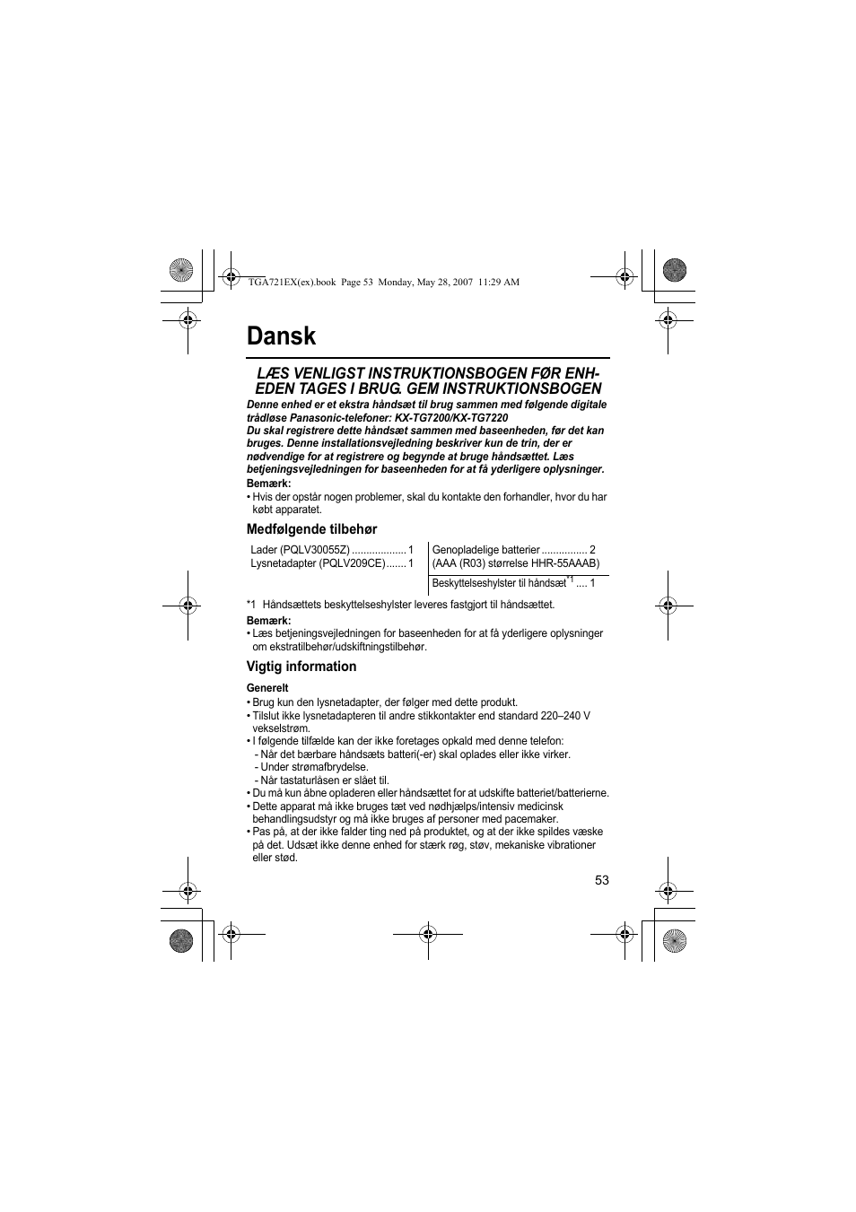Dansk, Bemærk, Medfølgende tilbehør | Vigtig information, Generelt | Panasonic KXTGA721EX User Manual | Page 53 / 80