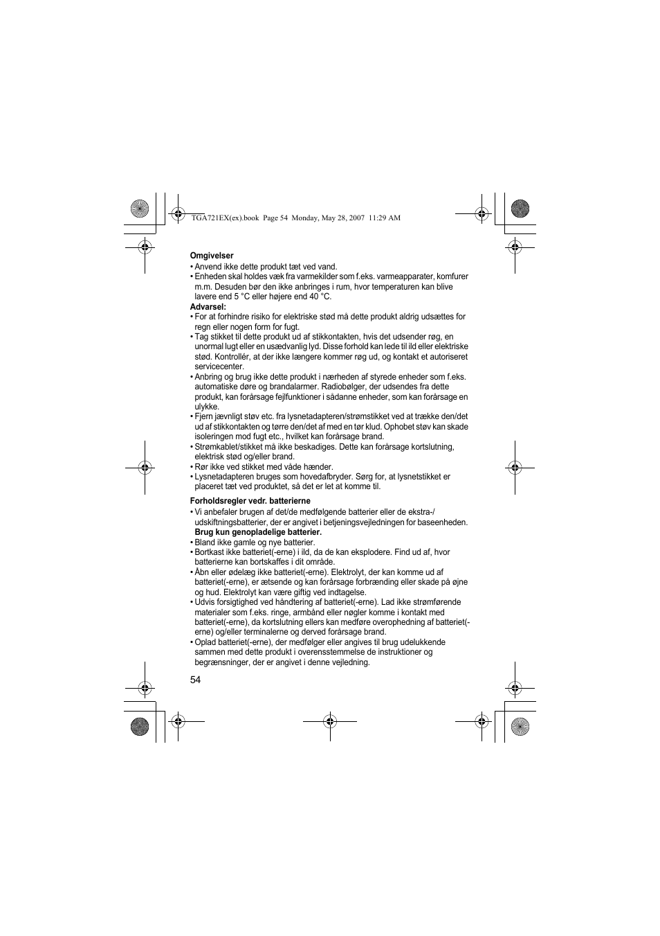 Omgivelser, Forholdsregler vedr. batterierne | Panasonic KXTGA721EX User Manual | Page 54 / 80