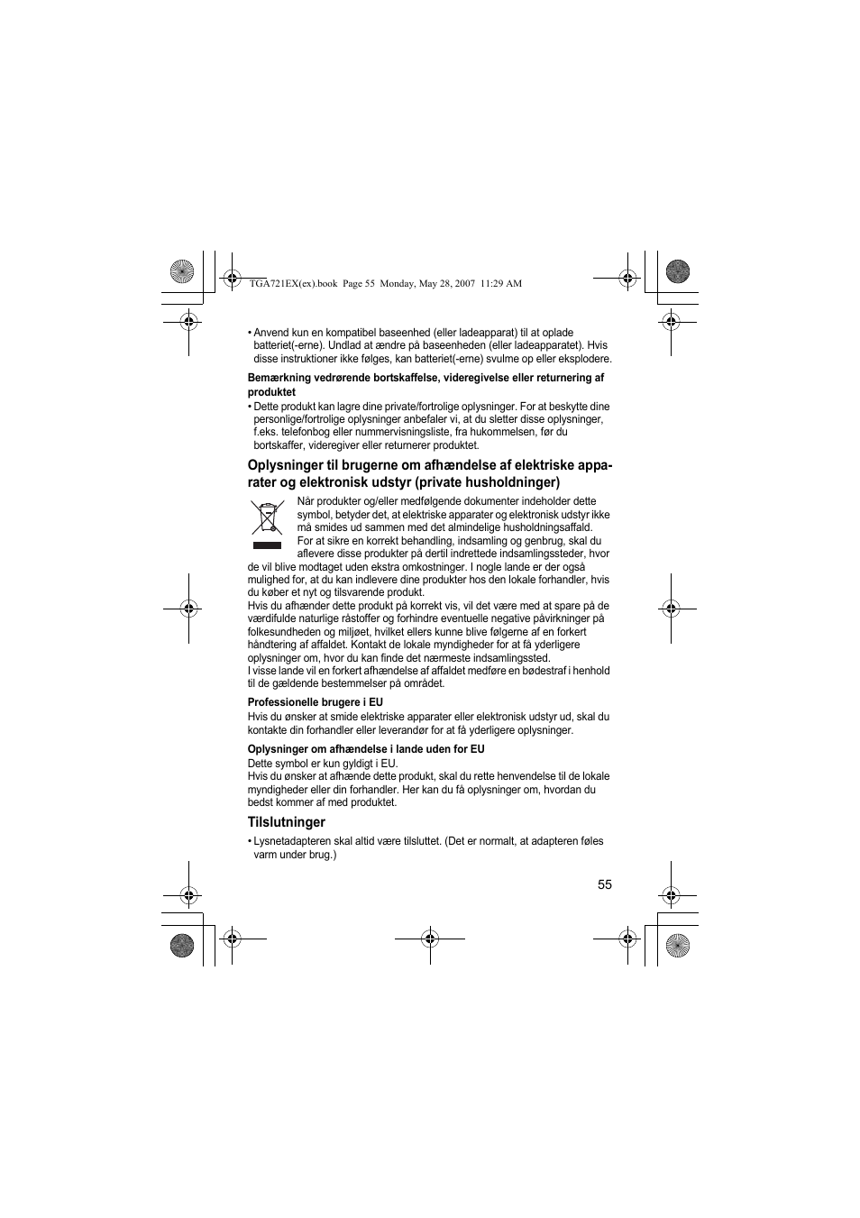 Professionelle brugere i eu, Oplysninger om afhændelse i lande uden for eu, Tilslutninger | Panasonic KXTGA721EX User Manual | Page 55 / 80