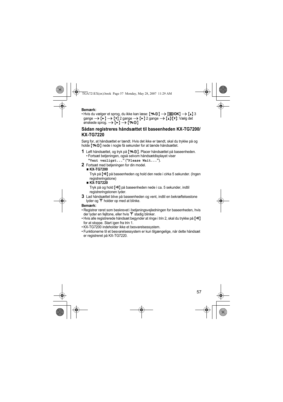 Bemærk, 2 fortsæt med betjeningen for din model | Panasonic KXTGA721EX User Manual | Page 57 / 80