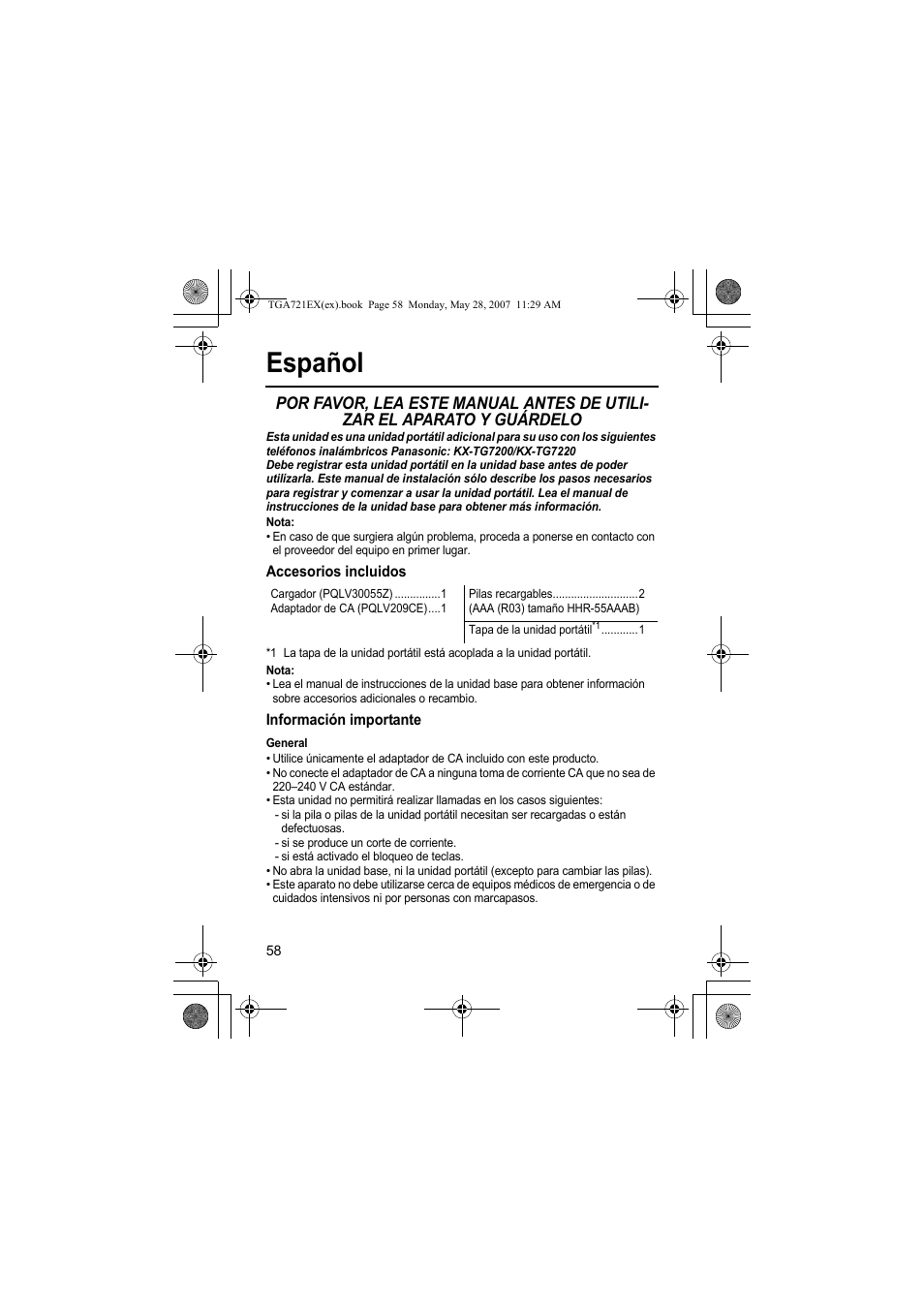 Español, Nota, Accesorios incluidos | Información importante, General | Panasonic KXTGA721EX User Manual | Page 58 / 80