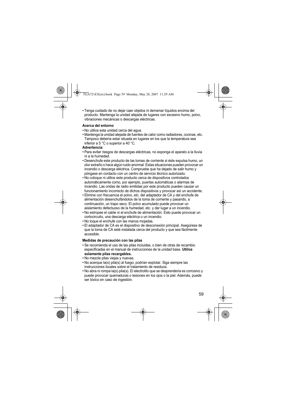 Acerca del entorno, Medidas de precaución con las pilas | Panasonic KXTGA721EX User Manual | Page 59 / 80