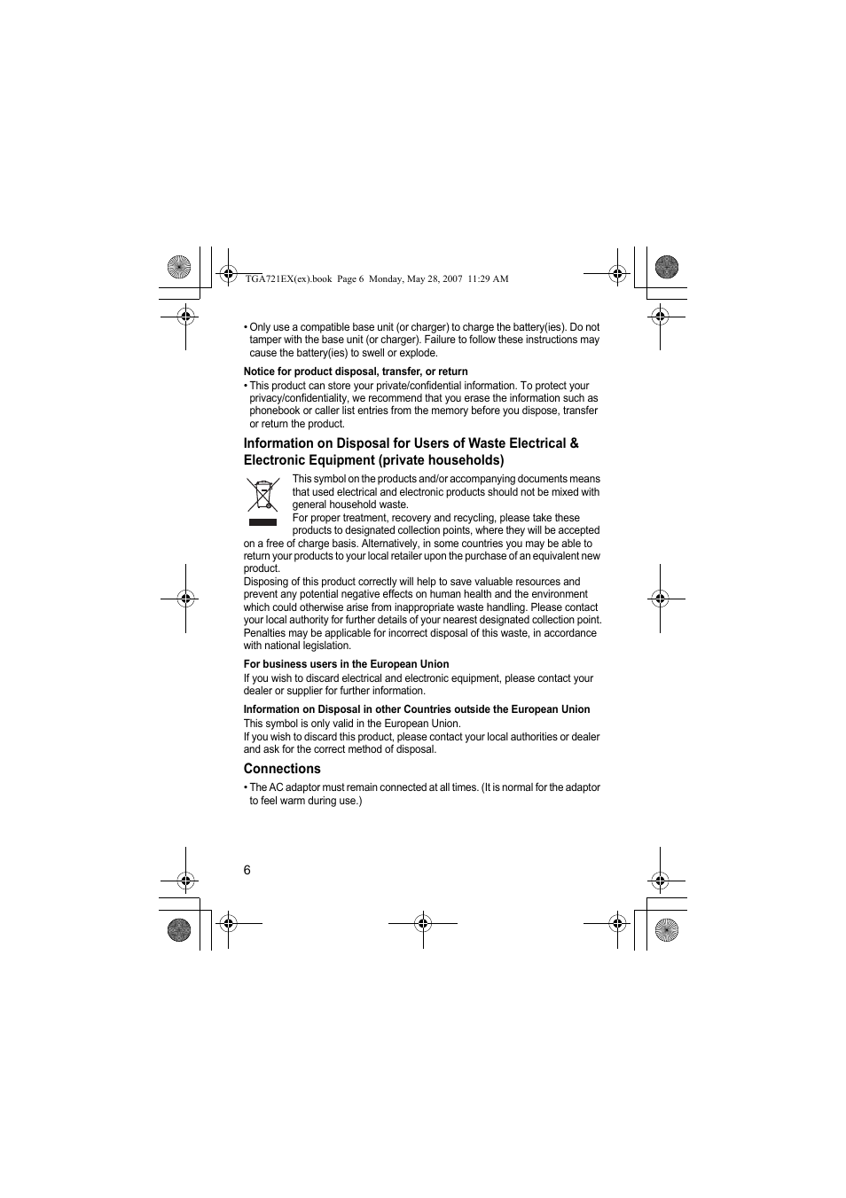 Notice for product disposal, transfer, or return, For business users in the european union, Connections | Panasonic KXTGA721EX User Manual | Page 6 / 80