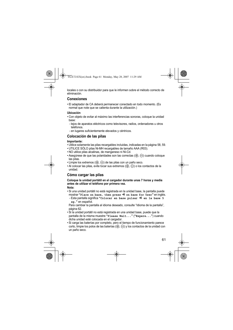 Conexiones, Ubicación, Colocación de las pilas | Cómo cargar las pilas, Nota | Panasonic KXTGA721EX User Manual | Page 61 / 80