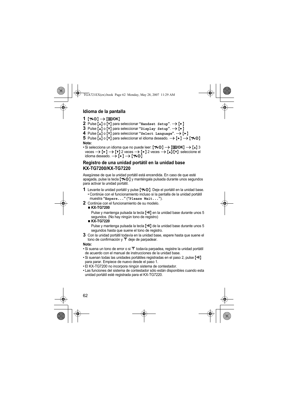 Idioma de la pantalla, 1 {ih} i {j/ok, Nota | 2 continúe con el funcionamiento de su modelo | Panasonic KXTGA721EX User Manual | Page 62 / 80