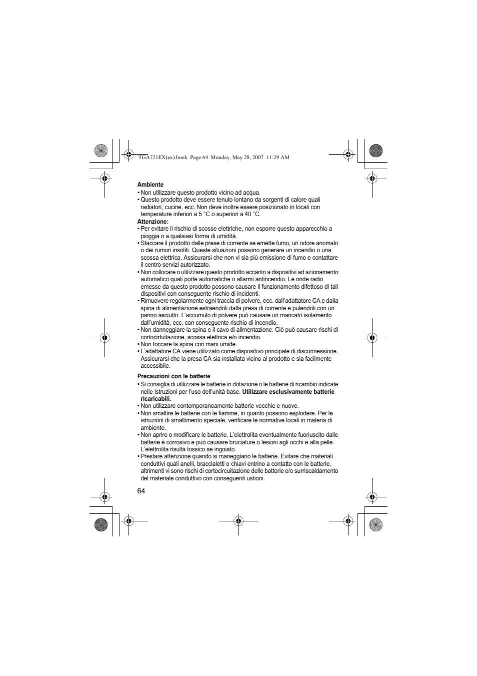 Ambiente, Precauzioni con le batterie | Panasonic KXTGA721EX User Manual | Page 64 / 80