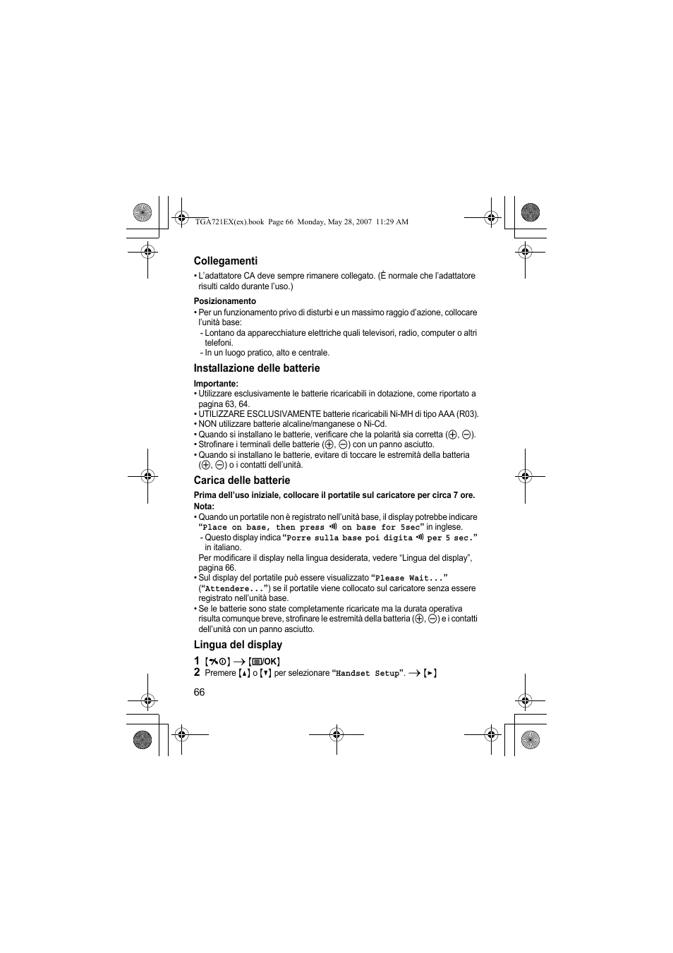 Collegamenti, Posizionamento, Installazione delle batterie | Carica delle batterie, Nota, Lingua del display, 1 {ih} i {j/ok | Panasonic KXTGA721EX User Manual | Page 66 / 80