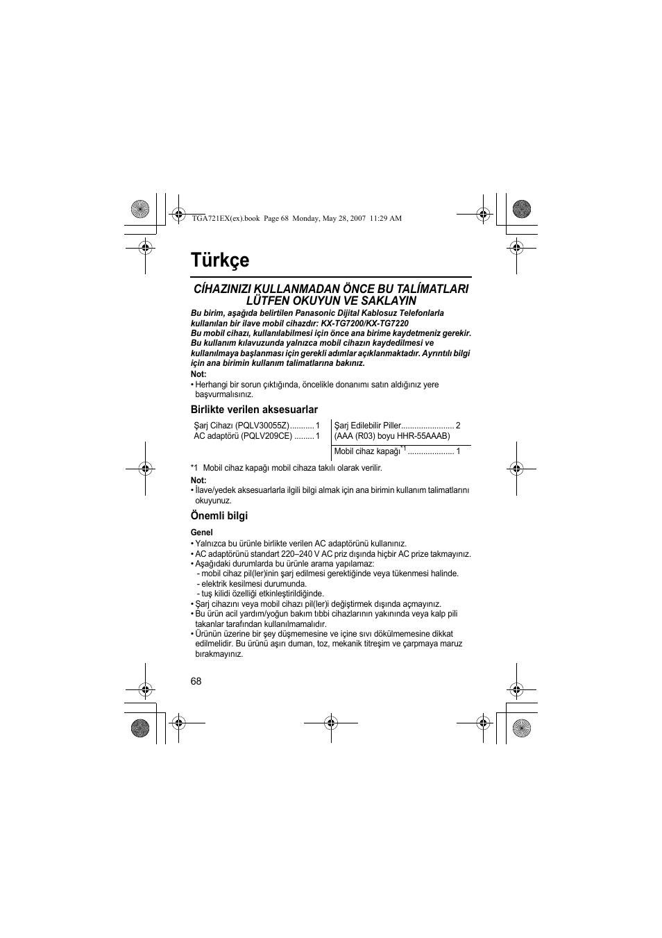 Türkçe, Birlikte verilen aksesuarlar, Önemli bilgi | Genel | Panasonic KXTGA721EX User Manual | Page 68 / 80