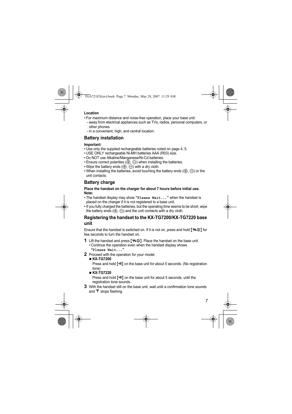 Location, Battery installation, Battery charge | 2 proceed with the operation for your model | Panasonic KXTGA721EX User Manual | Page 7 / 80