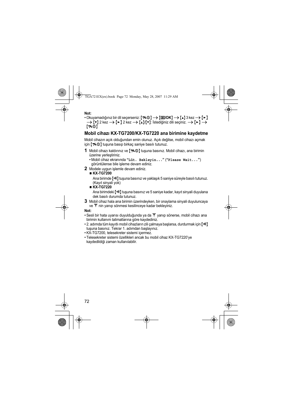 2 modele uygun i lemle devam ediniz | Panasonic KXTGA721EX User Manual | Page 72 / 80