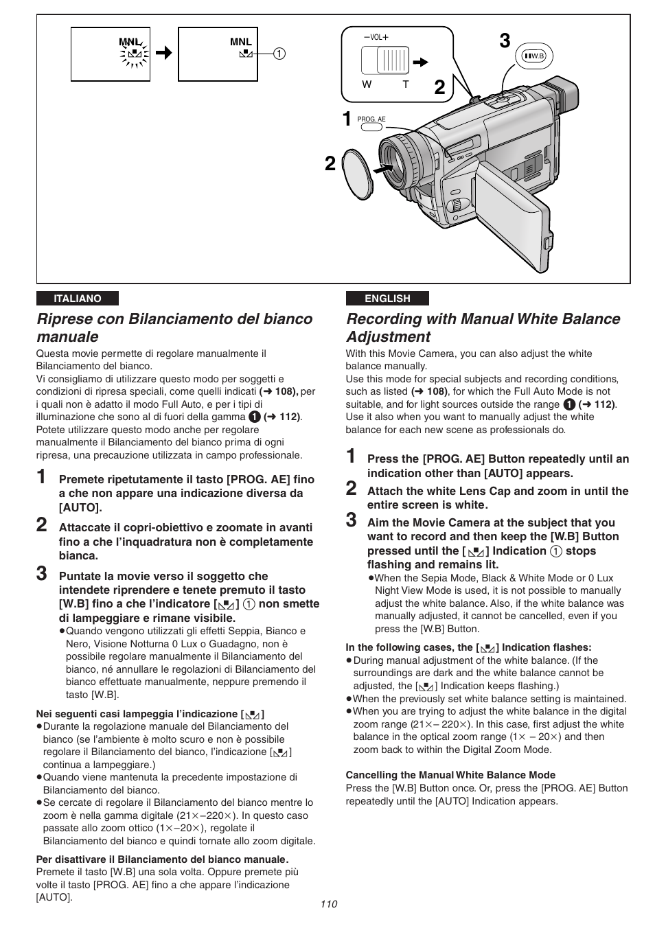 Recording with manual white balance adjustment, Riprese con bilanciamento del bianco manuale | Panasonic NVVS4EG User Manual | Page 110 / 188