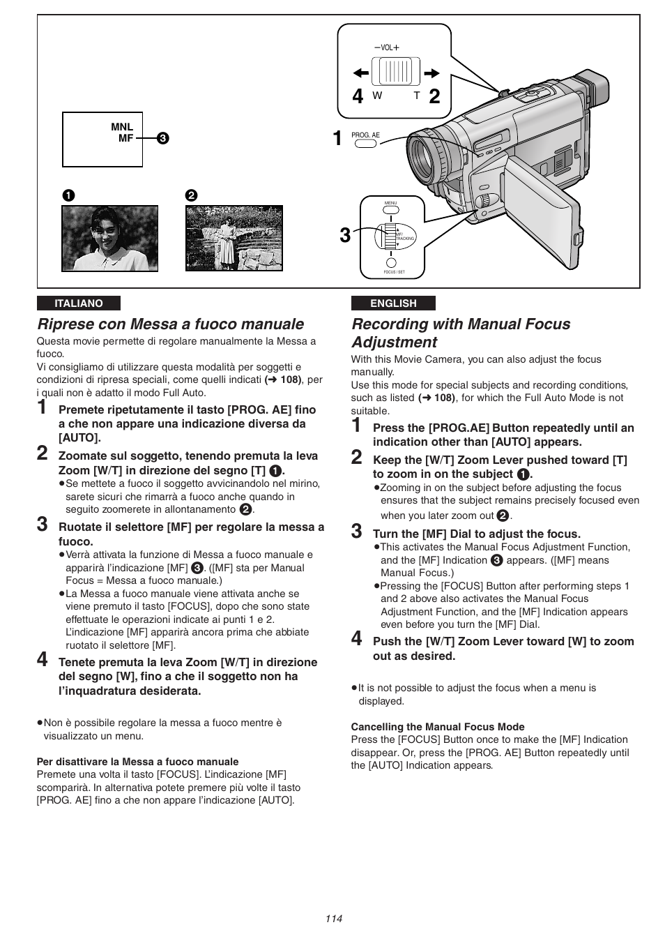 Riprese con messa a fuoco manuale, Recording with manual focus adjustment | Panasonic NVVS4EG User Manual | Page 114 / 188
