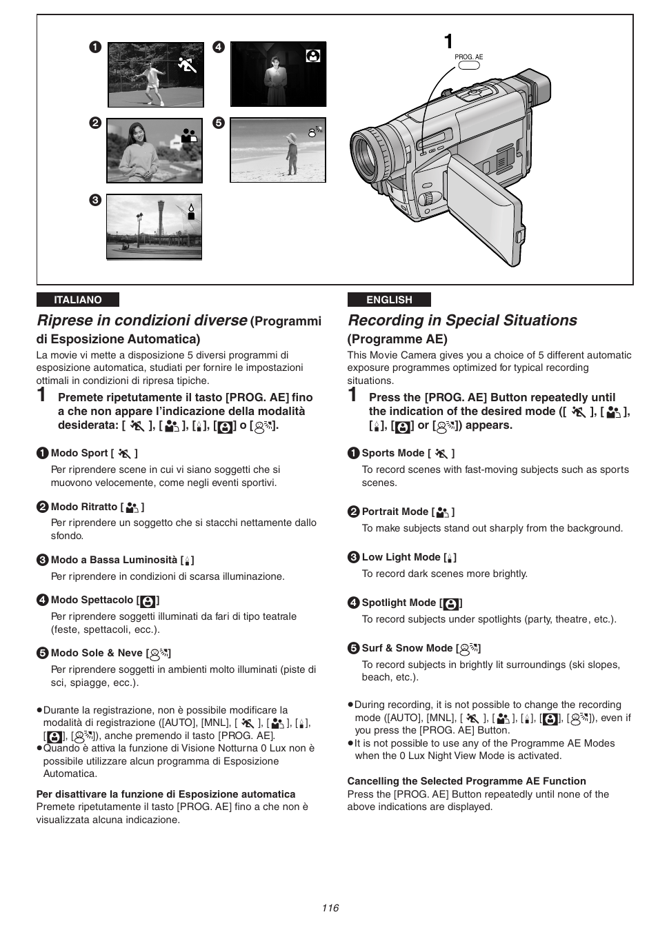 Riprese in condizioni diverse, Recording in special situations | Panasonic NVVS4EG User Manual | Page 116 / 188