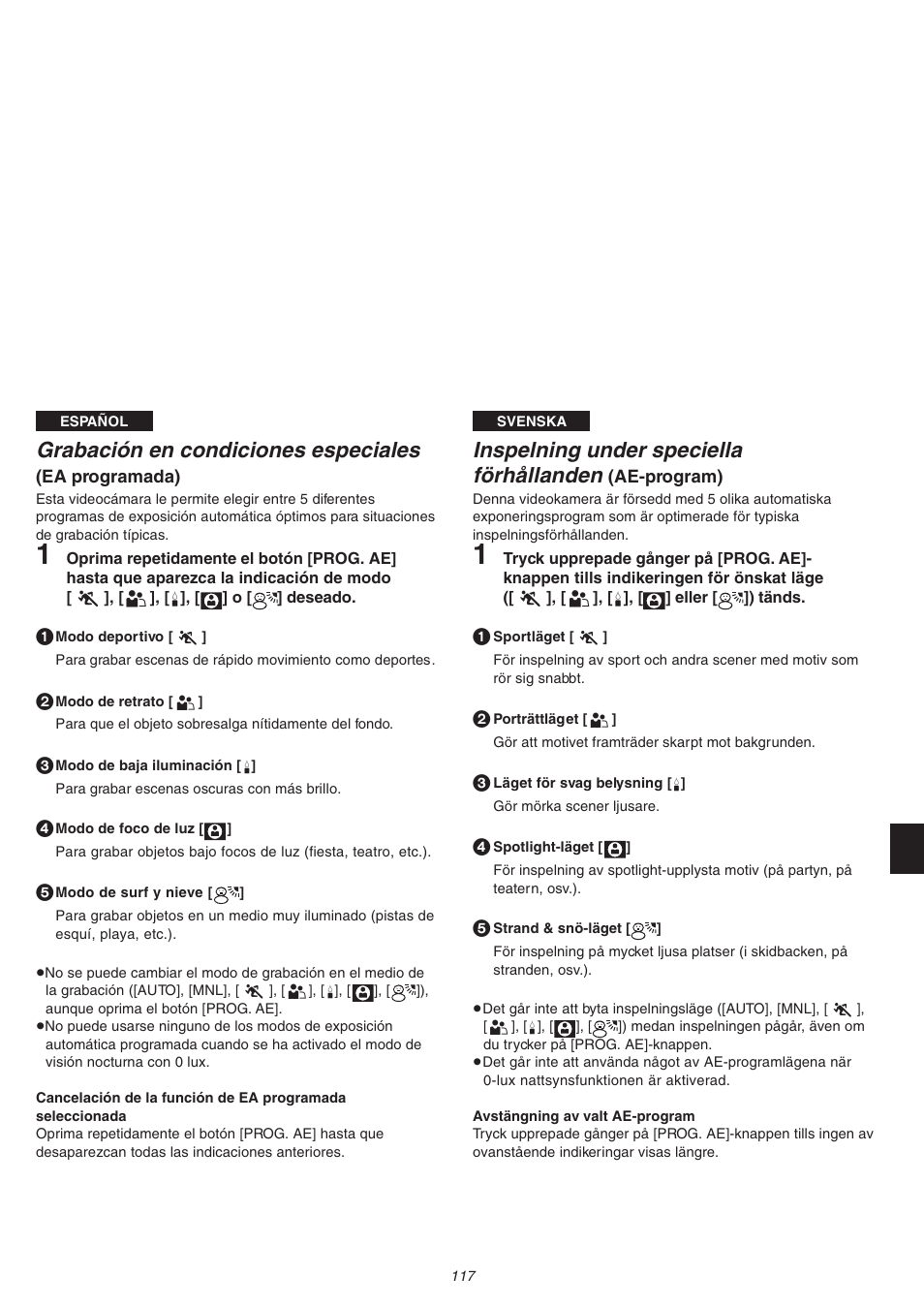 Grabación en condiciones especiales, Inspelning under speciella förhållanden | Panasonic NVVS4EG User Manual | Page 117 / 188