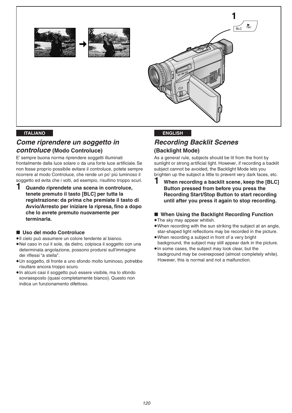 Come riprendere un soggetto in controluce, Recording backlit scenes | Panasonic NVVS4EG User Manual | Page 120 / 188