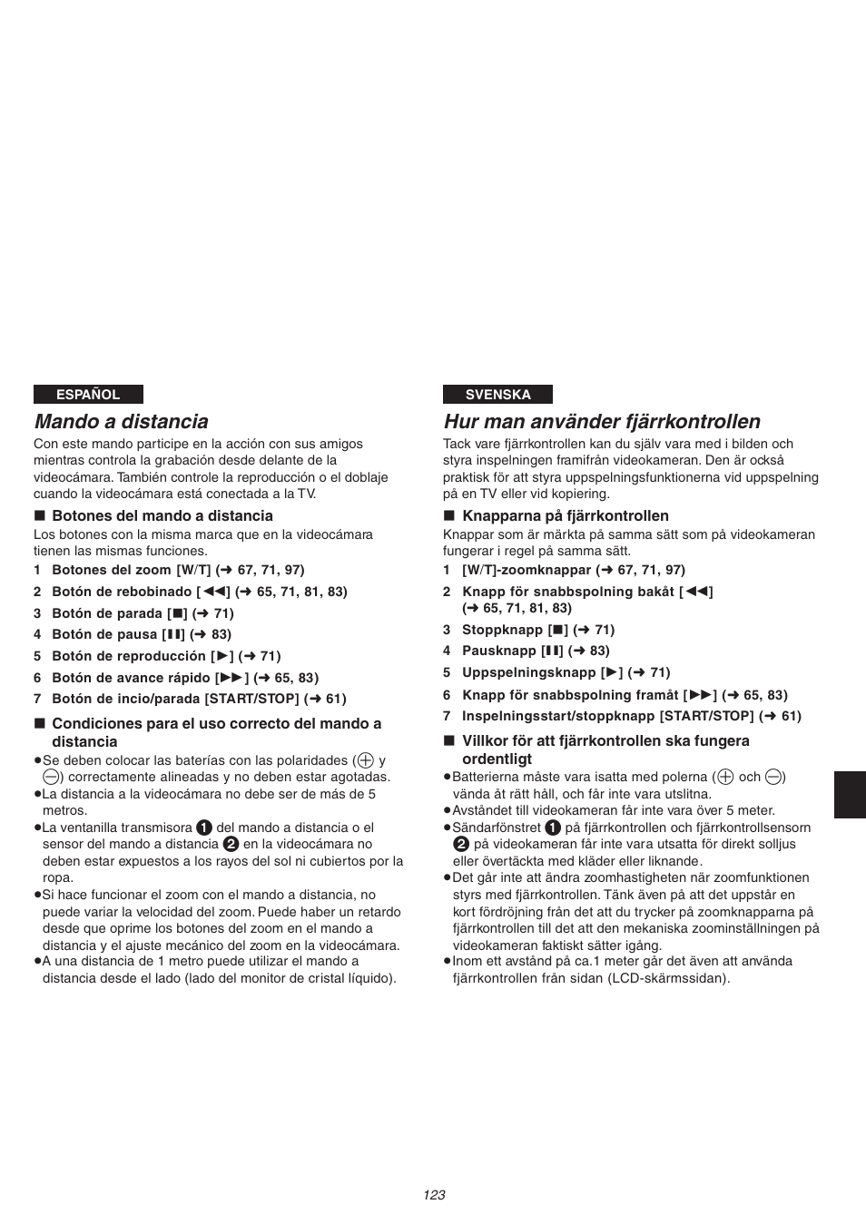 Mando a distancia, Hur man använder fjärrkontrollen | Panasonic NVVS4EG User Manual | Page 123 / 188