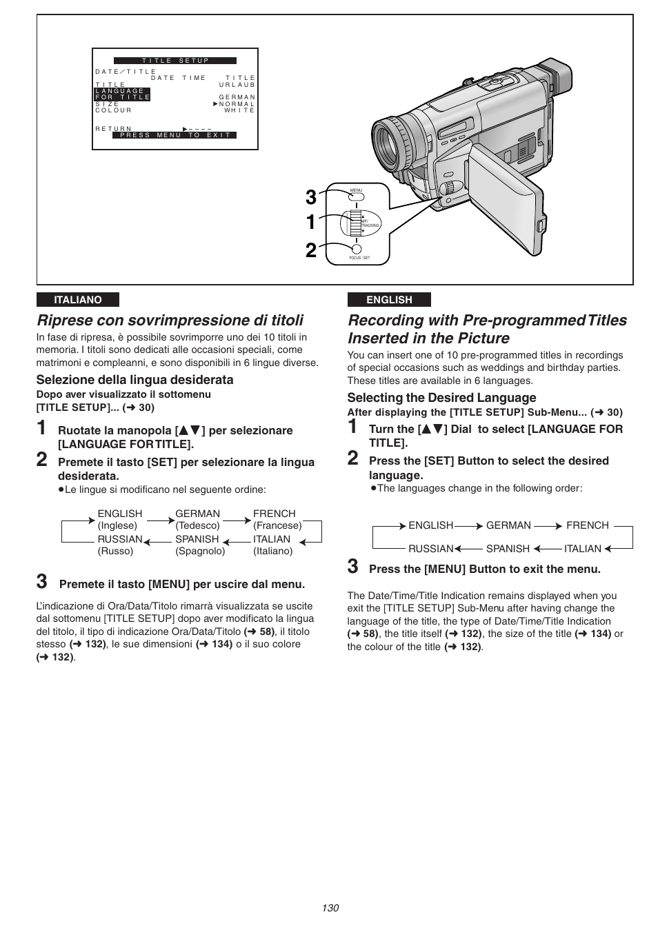 Riprese con sovrimpressione di titoli | Panasonic NVVS4EG User Manual | Page 130 / 188