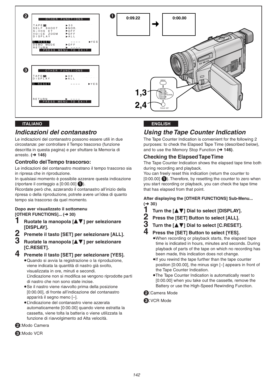 Indicazioni del contanastro, Using the tape counter indication | Panasonic NVVS4EG User Manual | Page 142 / 188