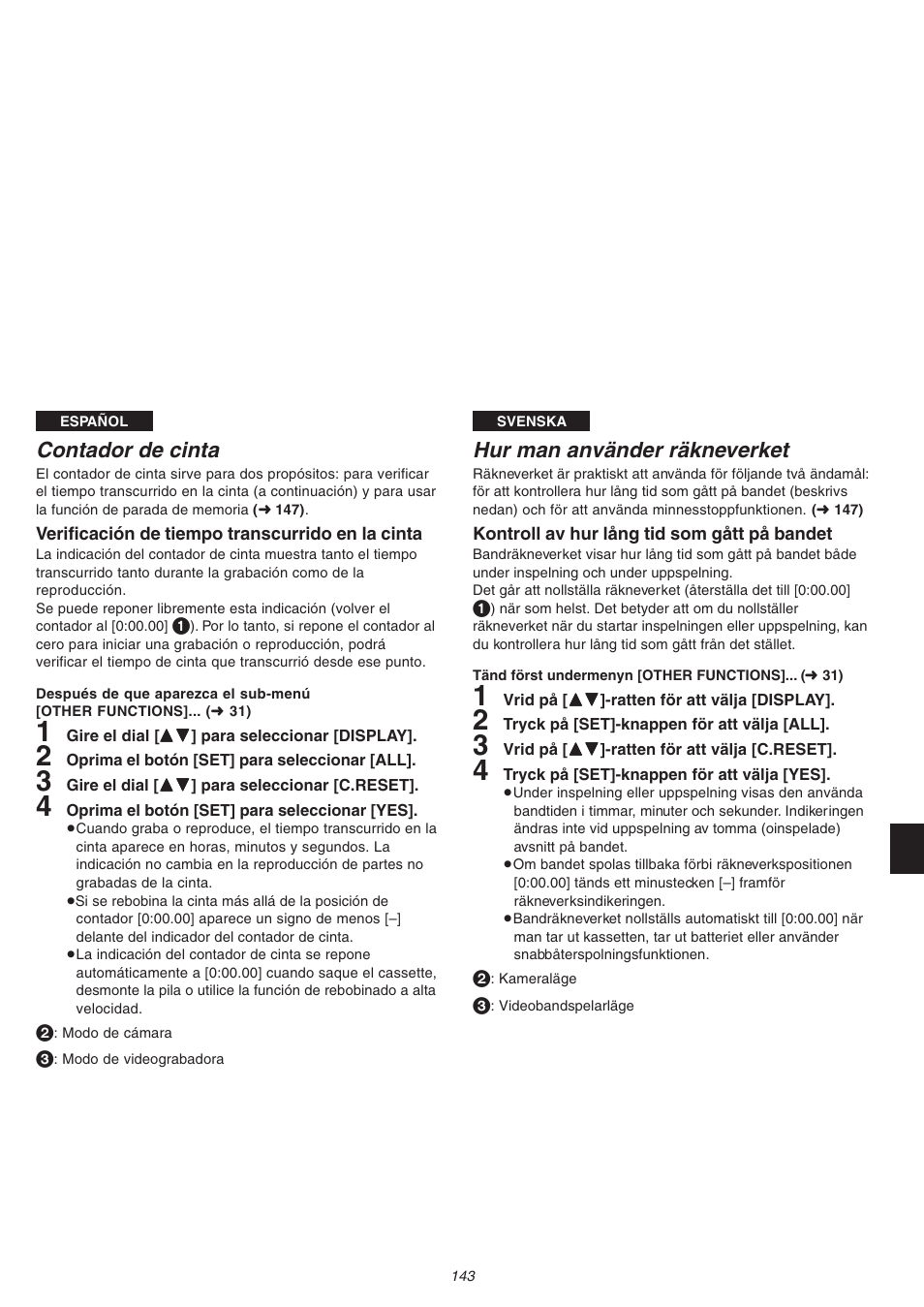 Hur man använder räkneverket, Contador de cinta | Panasonic NVVS4EG User Manual | Page 143 / 188