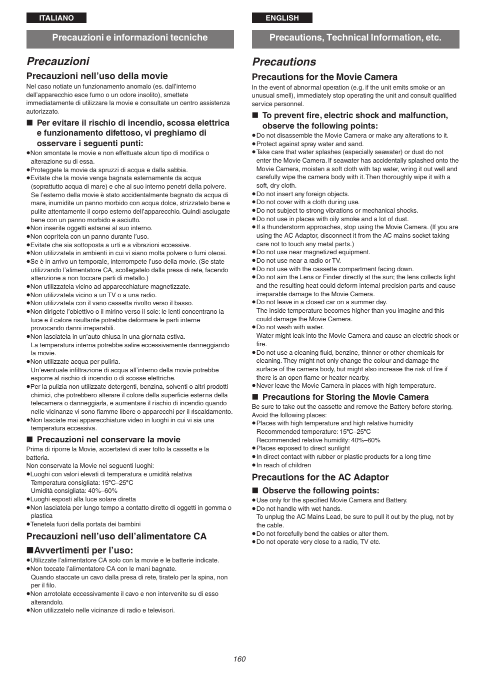 Precauzioni, Precautions, Precauzioni e informazioni tecniche | Precauzioni nell’uso della movie, Precautions, technical information, etc, Precautions for the movie camera, Precautions for the ac adaptor | Panasonic NVVS4EG User Manual | Page 160 / 188