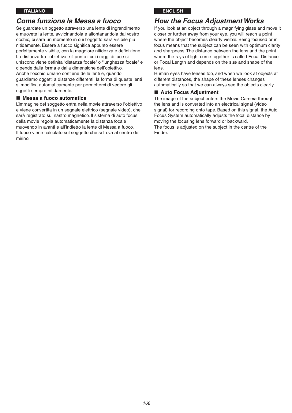 Come funziona la messa a fuoco, How the focus adjustment works | Panasonic NVVS4EG User Manual | Page 168 / 188