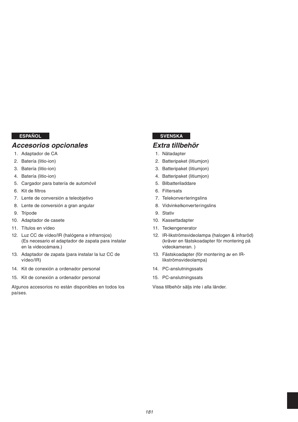 Accesorios opcionales, Extra tillbehör | Panasonic NVVS4EG User Manual | Page 181 / 188
