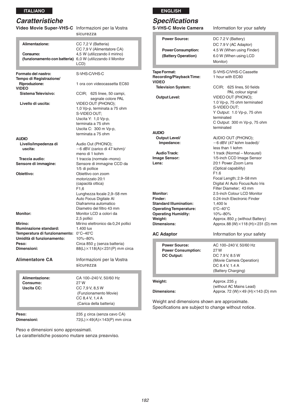 Caratteristiche, Specifications | Panasonic NVVS4EG User Manual | Page 182 / 188