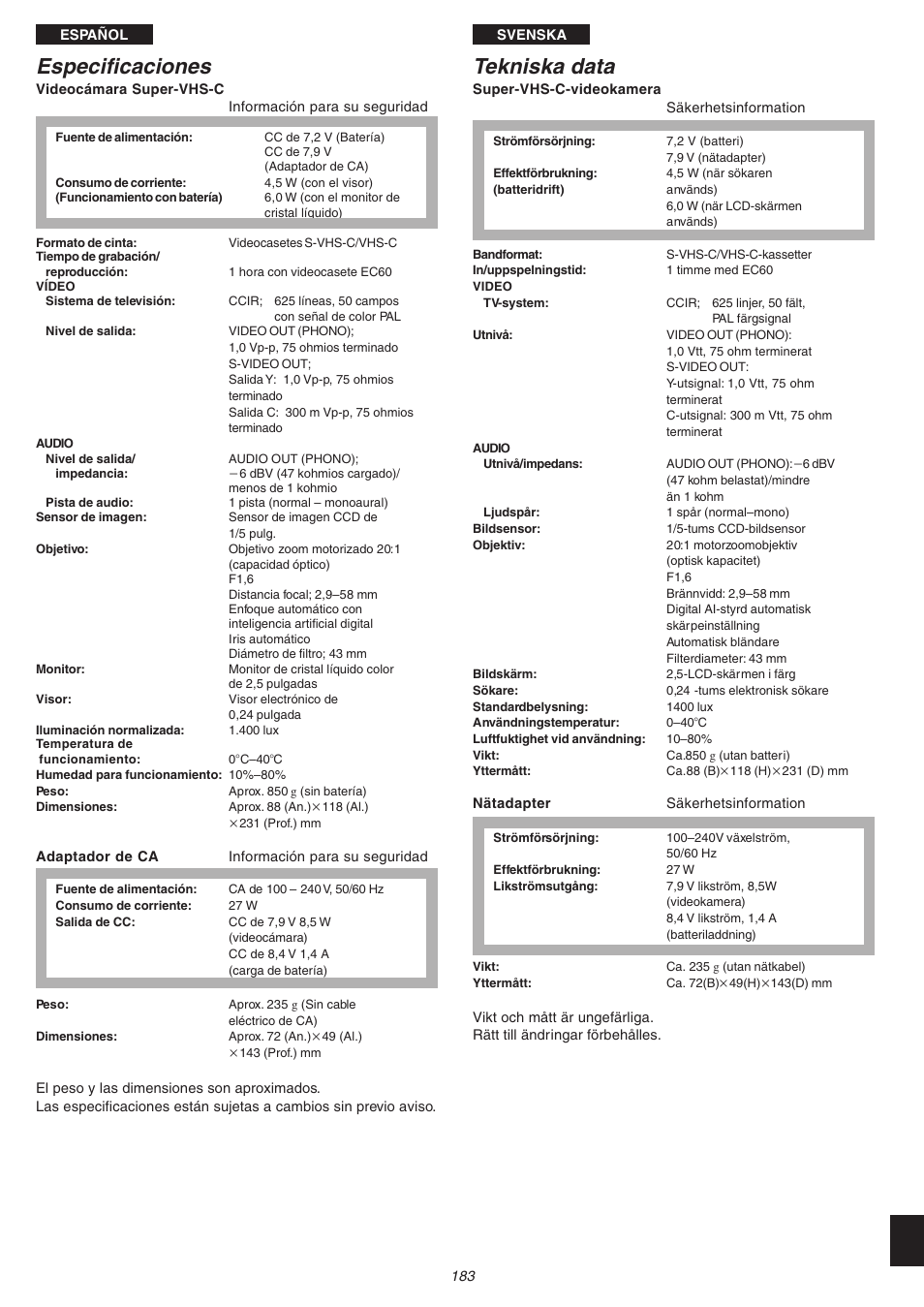 Tekniska data, Especificaciones | Panasonic NVVS4EG User Manual | Page 183 / 188