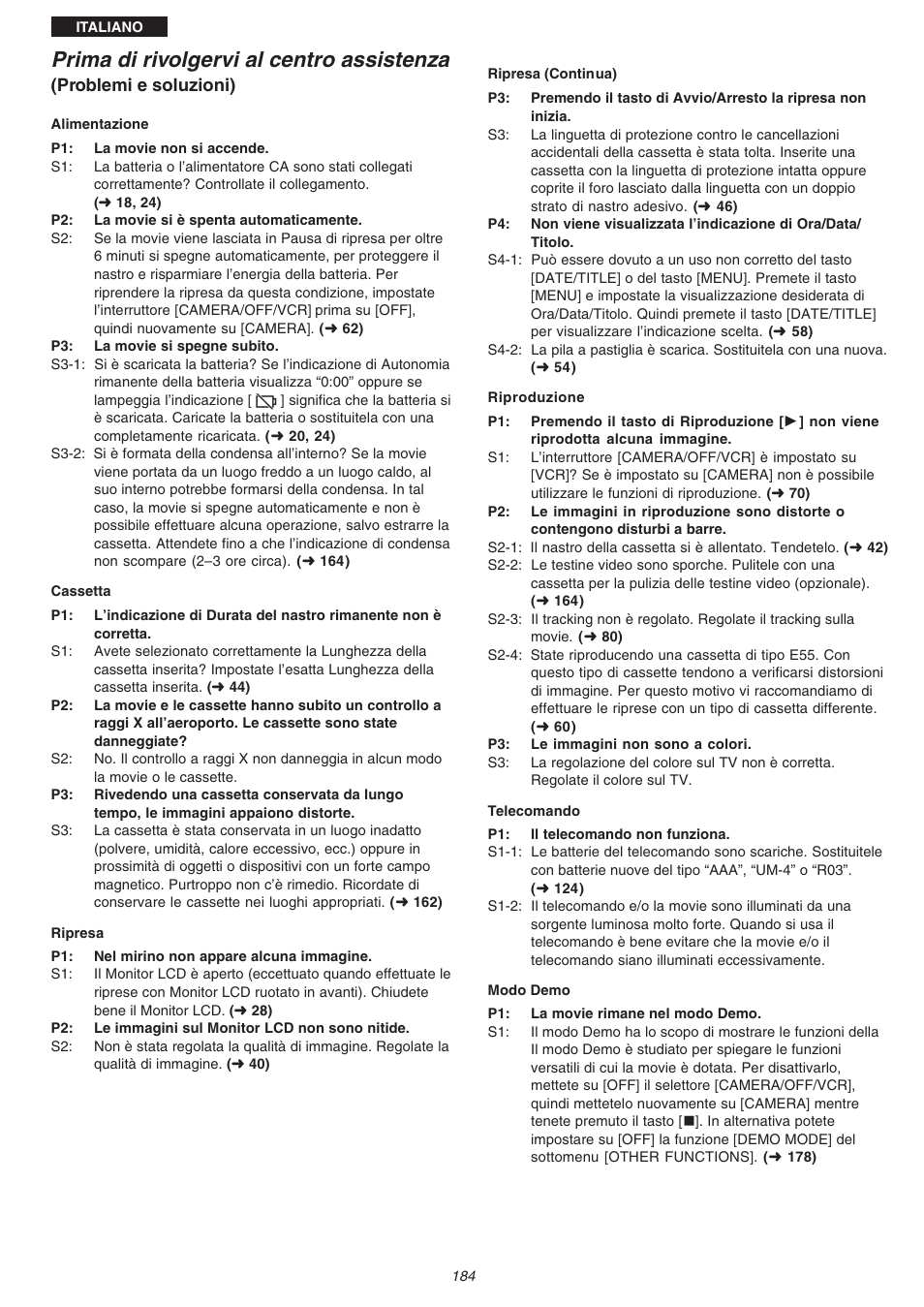 Prima di rivolgervi al centro assistenza, Problemi e soluzioni) | Panasonic NVVS4EG User Manual | Page 184 / 188