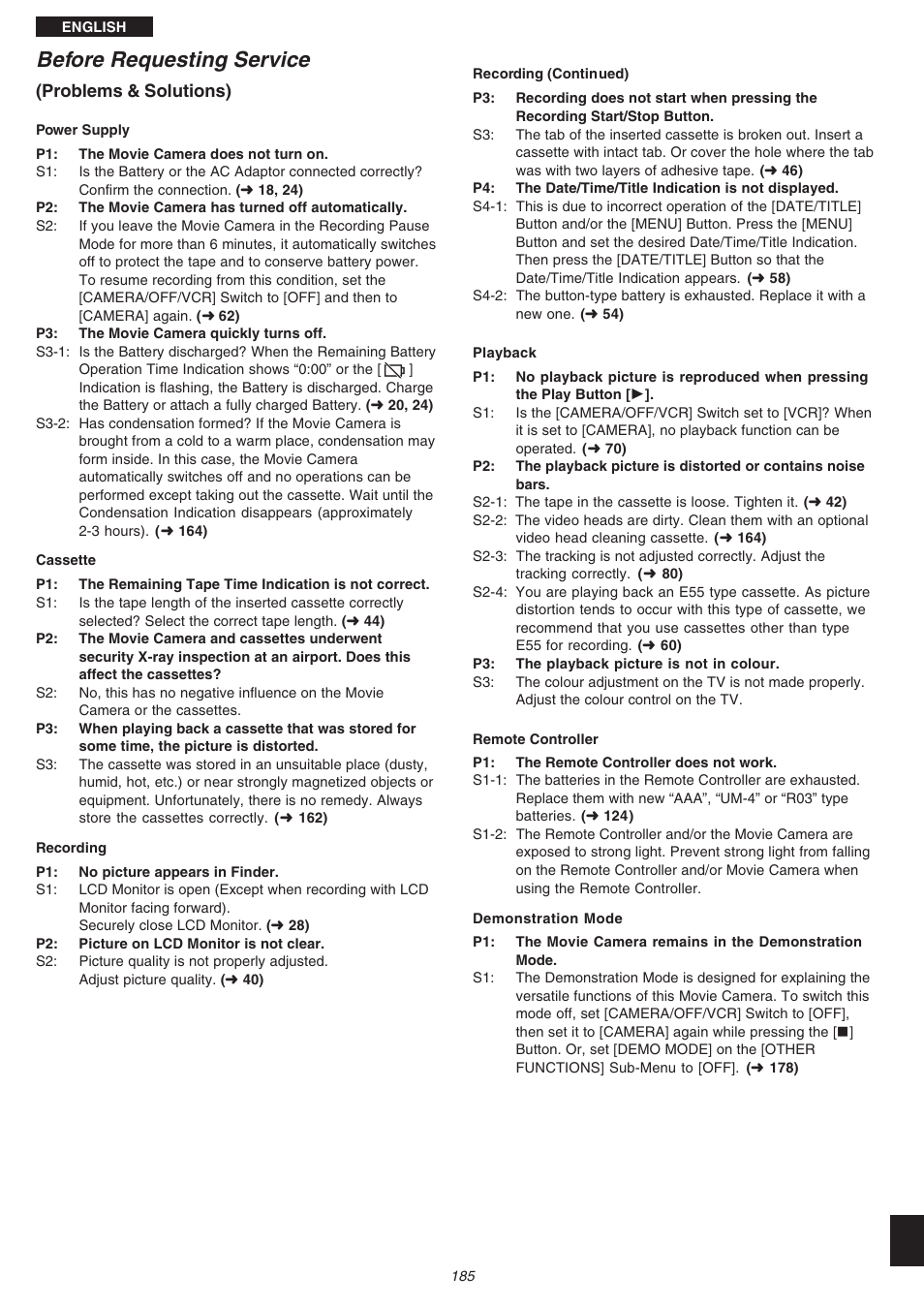 Before requesting service, Problems & solutions) | Panasonic NVVS4EG User Manual | Page 185 / 188