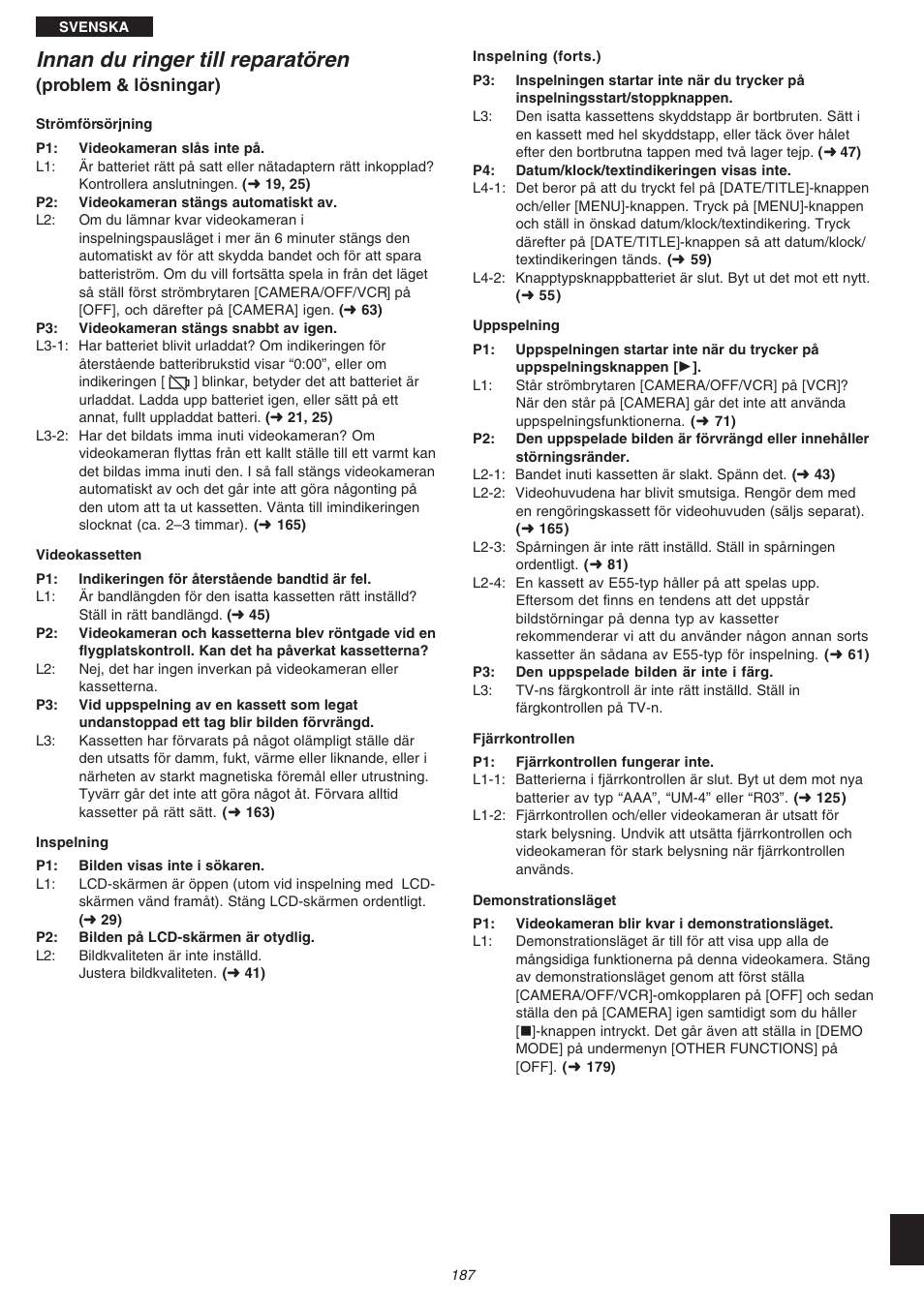 Innan du ringer till reparatören, Problem & lösningar) | Panasonic NVVS4EG User Manual | Page 187 / 188