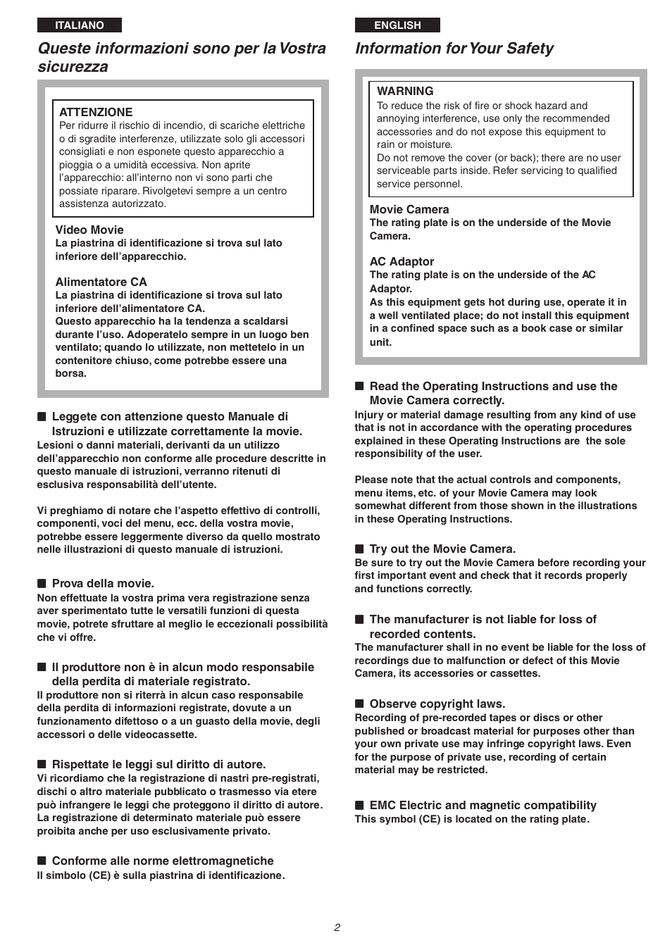 Queste informazioni sono per la vostra sicurezza, Information for your safety | Panasonic NVVS4EG User Manual | Page 2 / 188
