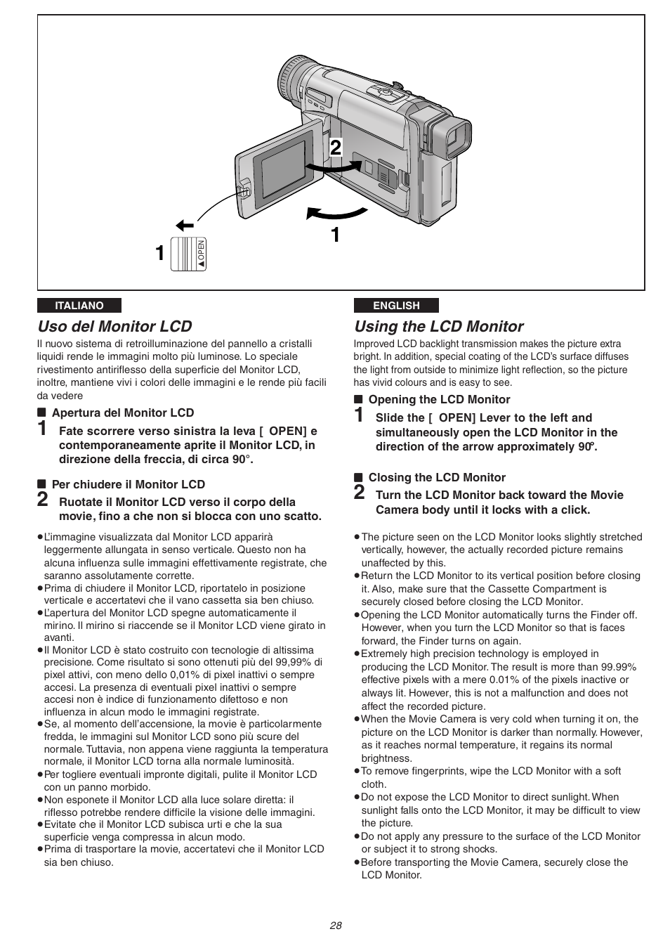 Using the lcd monitor, Uso del monitor lcd | Panasonic NVVS4EG User Manual | Page 28 / 188