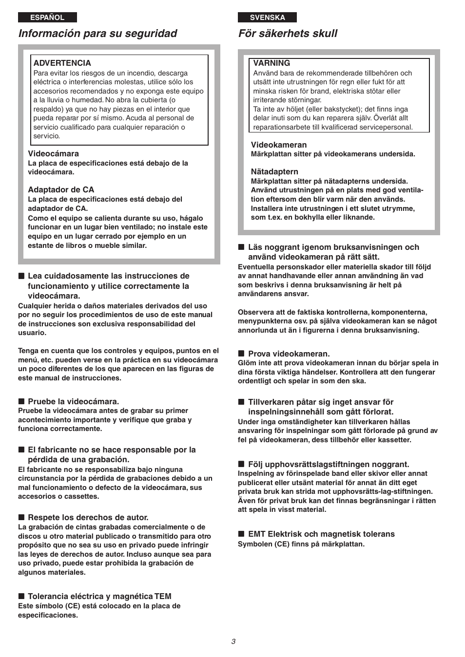 Información para su seguridad, För säkerhets skull | Panasonic NVVS4EG User Manual | Page 3 / 188