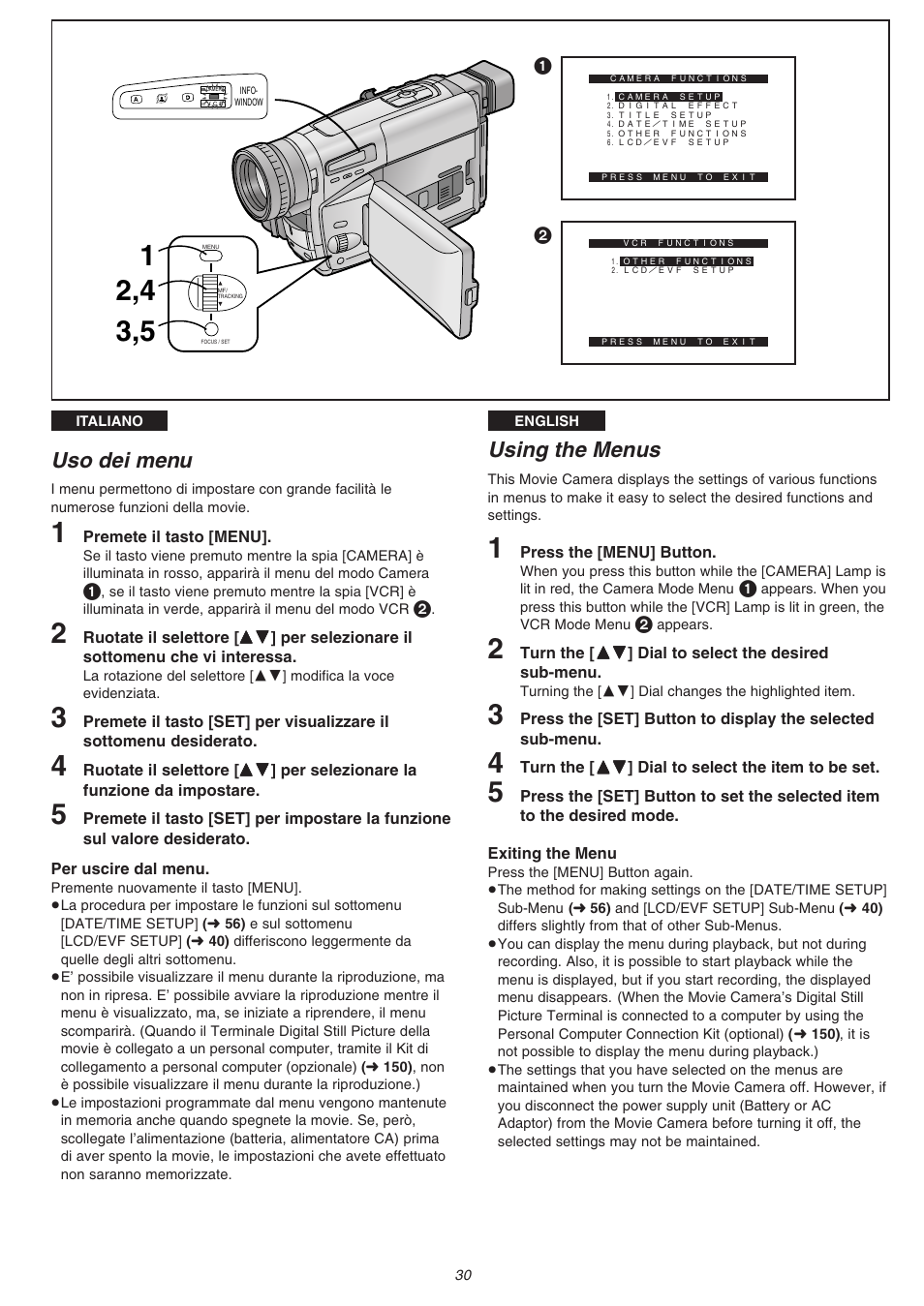 Uso dei menu, Using the menus | Panasonic NVVS4EG User Manual | Page 30 / 188